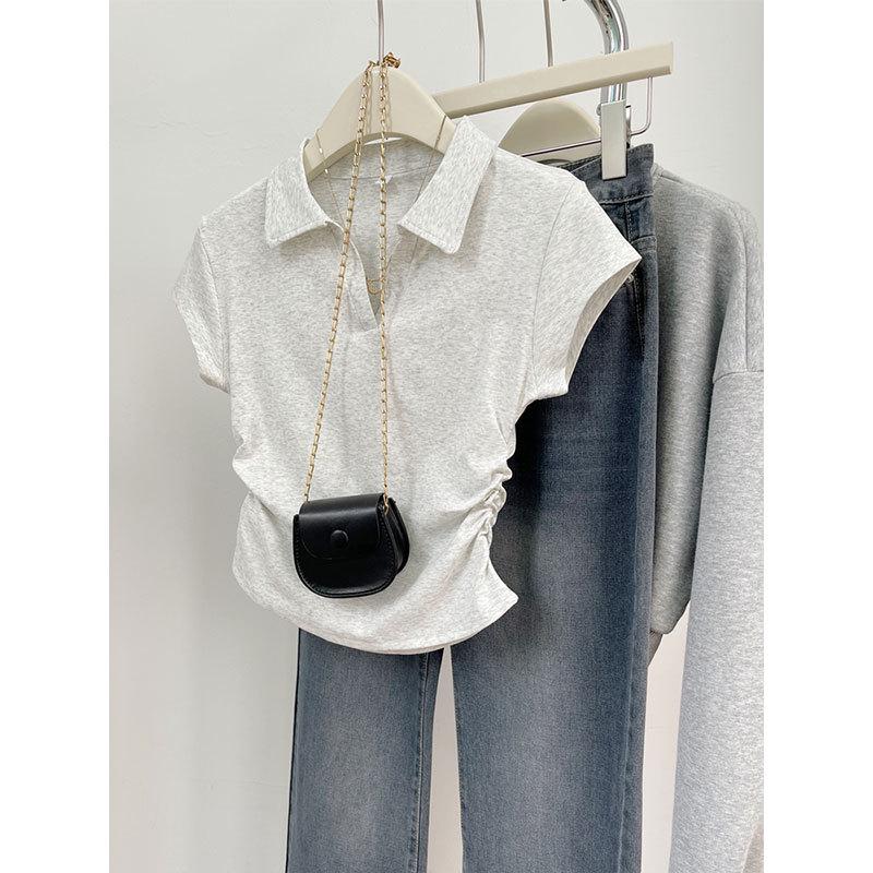 Women's Irregular Pleated Short Sleeve Cotton Polo Shirt