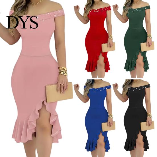 Sleeveless Dress Evening Off Shoulder Sheath Irregular Ruffle Hem Slim Fit Solid Off-the-shoulder Gown Color Faux Pearl Decor Midi for Party