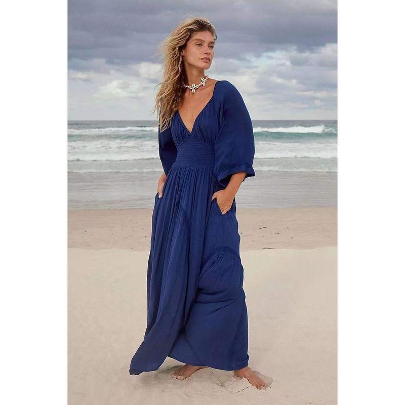 

2024 New Arrival Temperament Pure Color Long Fashion Sexy V-neck Waist Trimming Fashion Snow Chiffon European and American Style Dress Dark Blue L