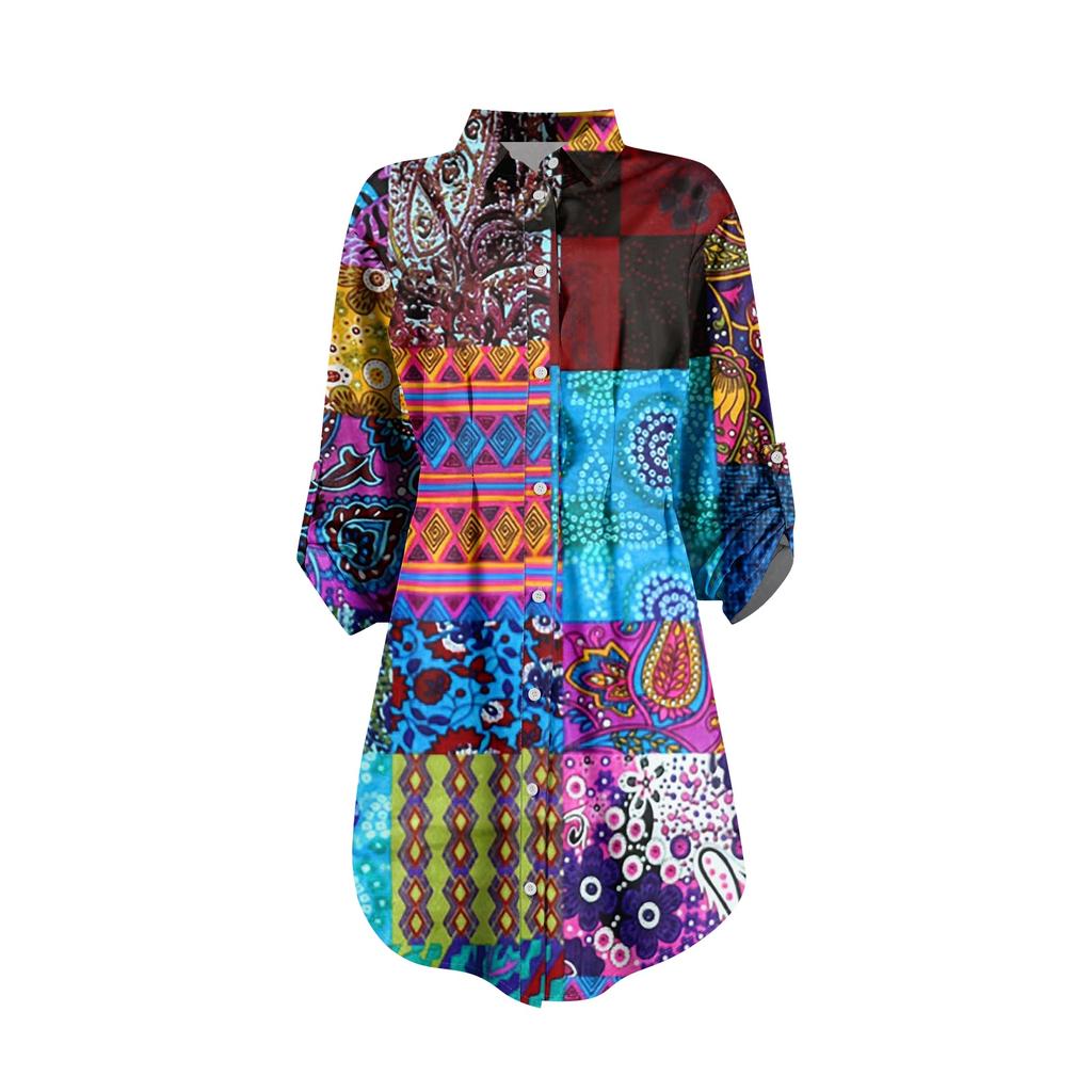 Damen Locker sitzendes V-Ausschnitt Langarmkleid Druck Arbeitshemdkleid