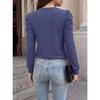 Women Loose Round Neck Pleated Puff Long Sleeve Solid Color T Shirt Top