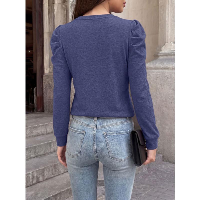 Women Loose Round Neck Pleated Puff Long Sleeve Solid Color T Shirt Top