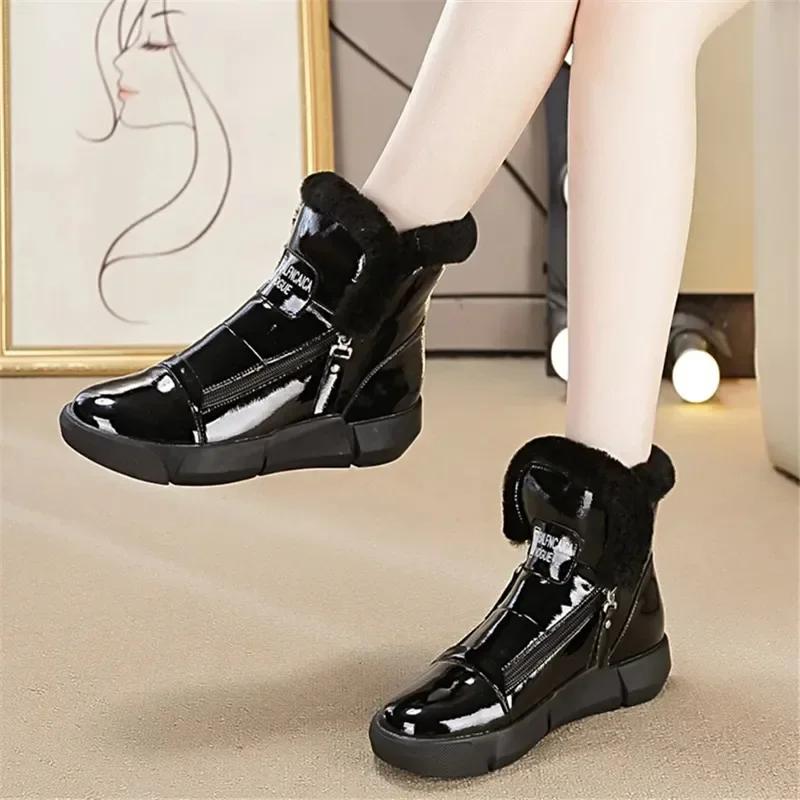 Fashion 4CM Platform Wedge Sneakers Women ZIP Ankle Booties Genuine Leather Chunky Autumn Winter Plush Warm Fur Comfortable Snow boots