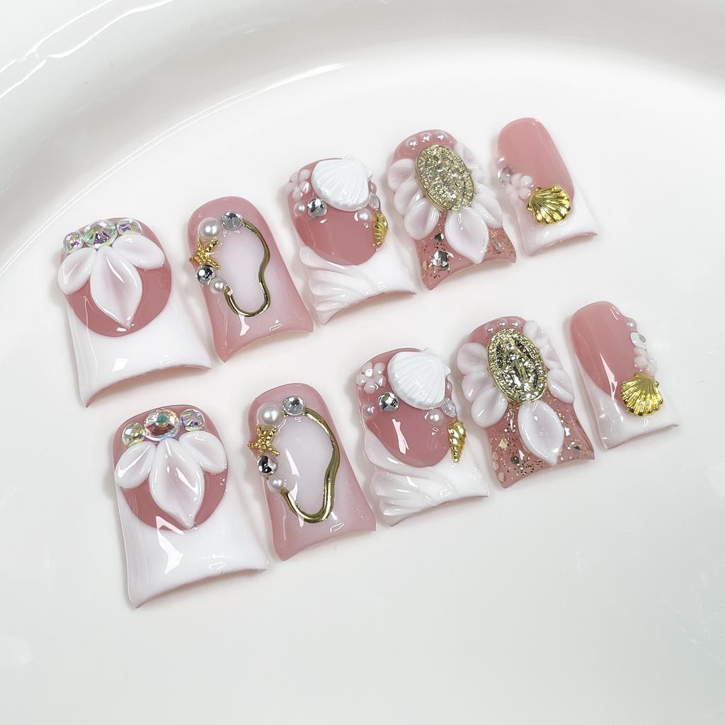 10pcs Handmade Pink French Short Duckbill Press On Nails With Rhinestone Flower Decor Fake Nail Tips Set