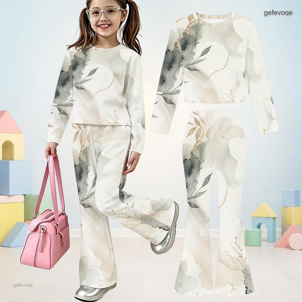 Girls Abstract Printed Round Neck Long Sleeve Top And Flared Pants Two Piece Set