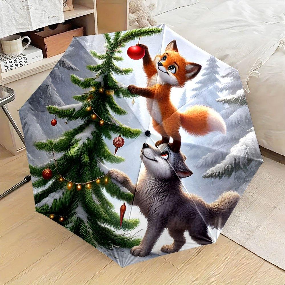 

A Portable Folding Umbrella Featuring a Design of a Fox And a Wolf Celebrating Among Snowy Pine Trees, Perfect for Christmas A (as the picture,Iron&8K)