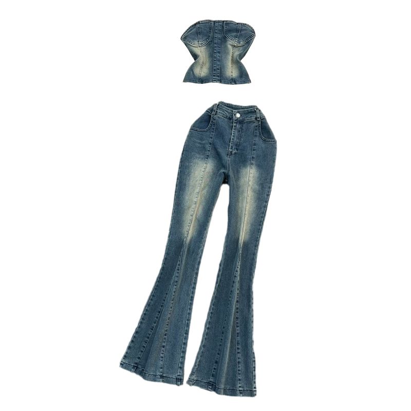 Tube Top Denim Casual High Waist Bootcut Fashion Suit