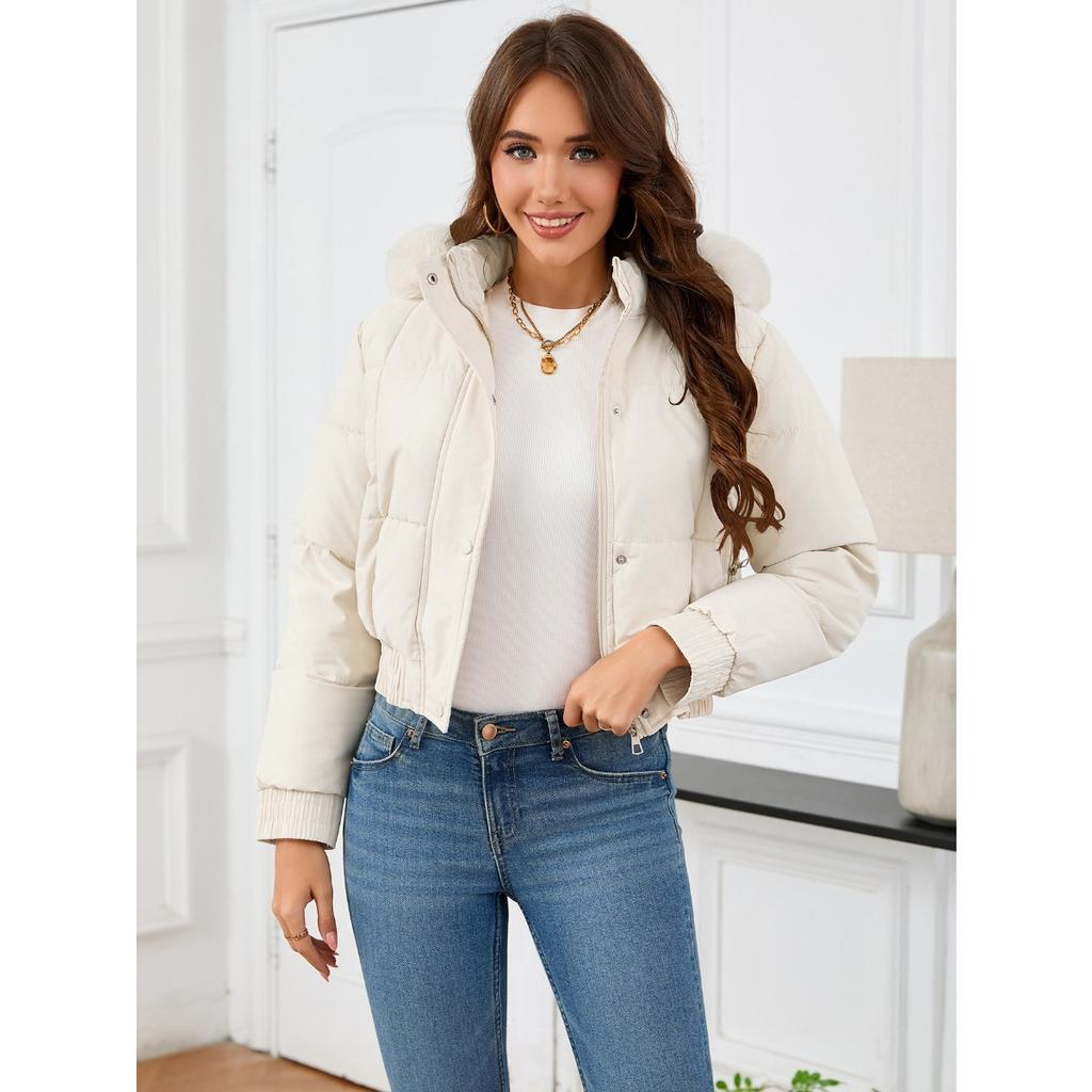 2025 Women's Winter Short Cotton Coat High Waist Slim Fit Warm Fur Collar Padded Outerwear Casual Thickened Jacket