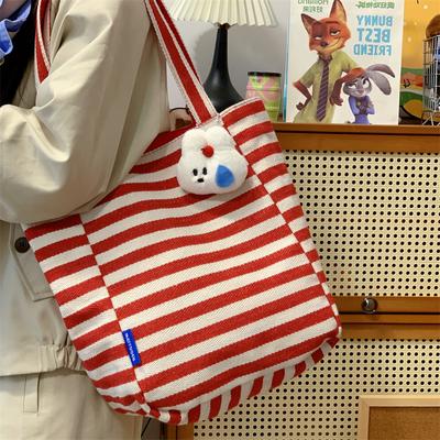 Double-sided Back Canvas Bag Female Korean Version Simple Striped College Student Casual Shoulder Bag Commuter Versatile Portable Tote Bag