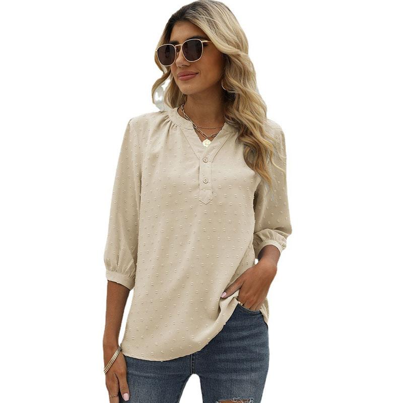 Spring and Summer Women's T-shirt Stand-up Collar Mid-sleeve Shirt Jacquard Hairball Casual Blouse Loose Top Shirt