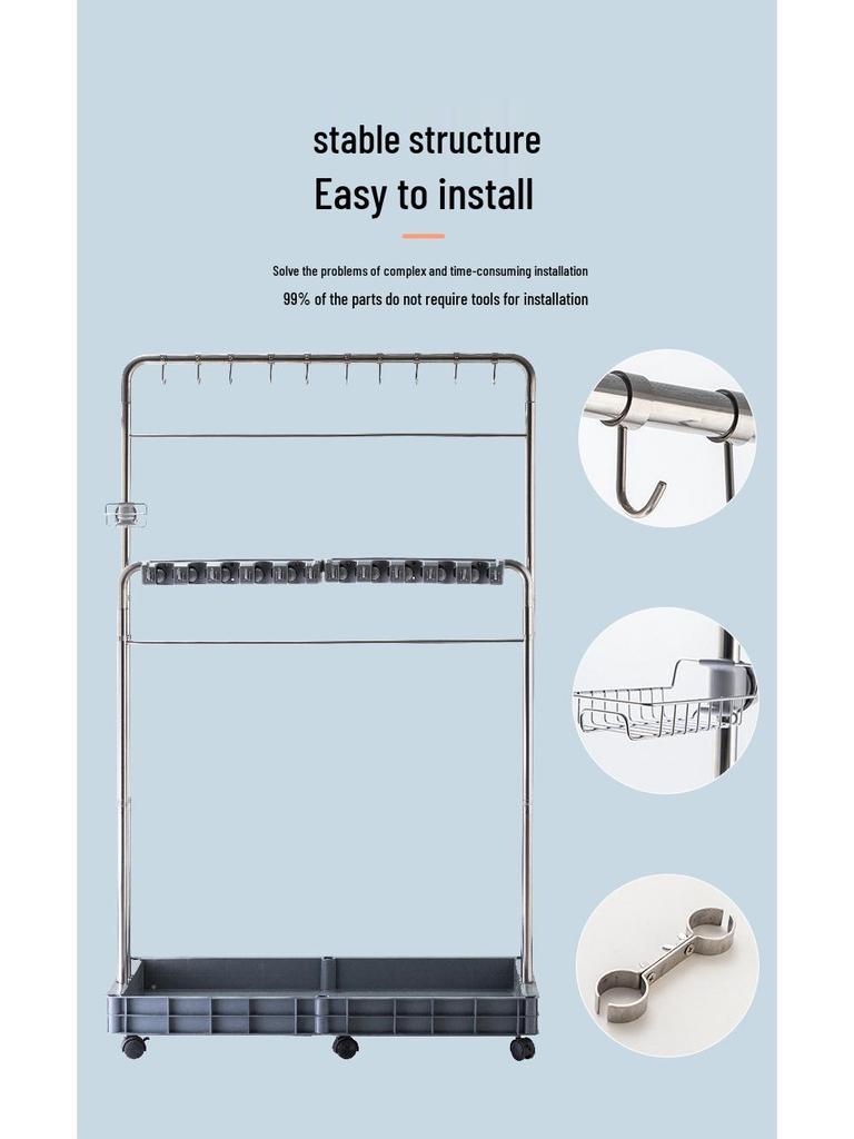 Stainless Steel Floor-Standing Mop Rack with Draining Shelf and Free Shipping