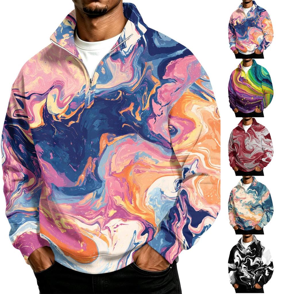Men's Casual 1/4 Zip Stand Collar Sweatshirt with Printed Design for Everyday Wear