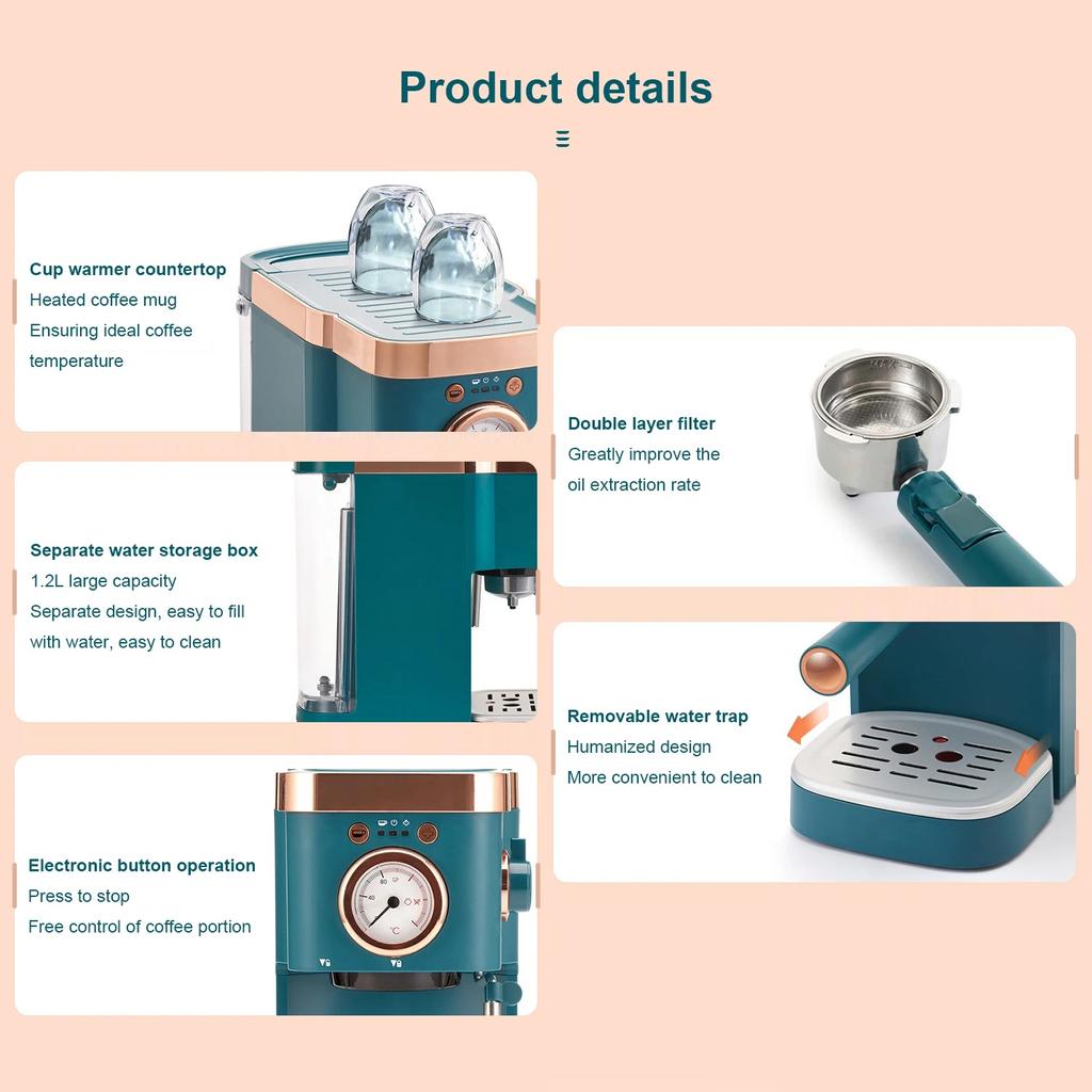 Retro Coffee Machine, 20-Bar Pressure, Small Household, Semi-Automatic, Steam Milk Frothing Function