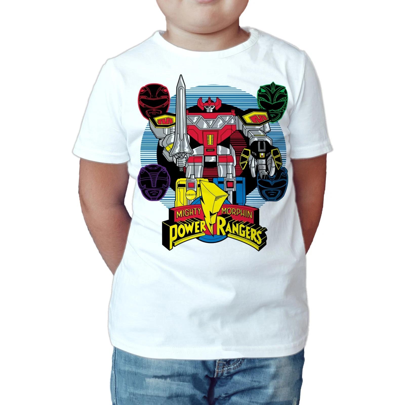 Power Rangers Logo Four Heads Megazord Official Kids T-Shirt Mighty Morphin Tee 160