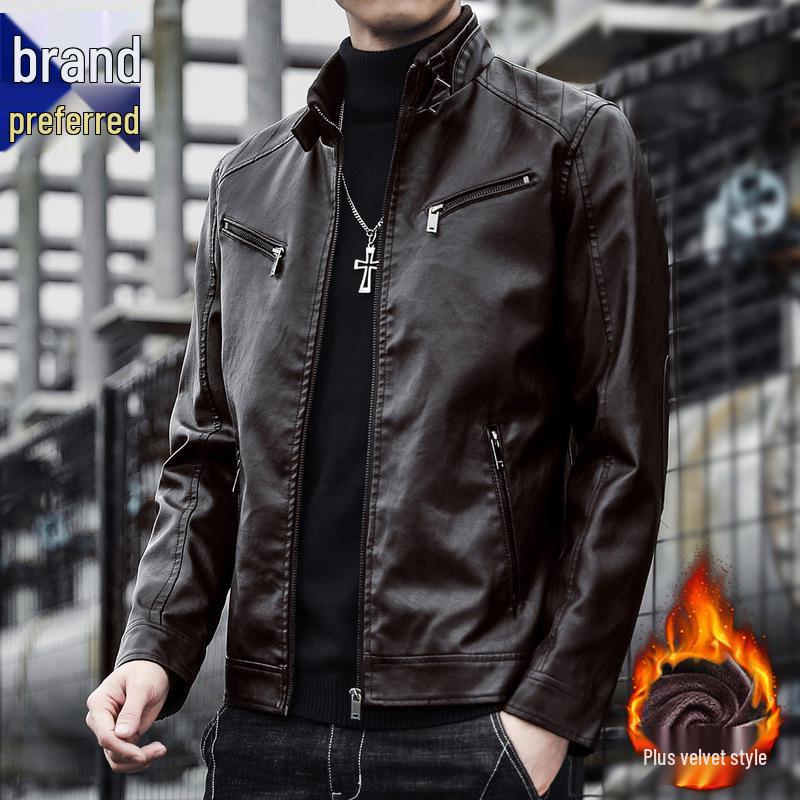 

Men s Trendy Stand-Up Collar Leather Jacket - Genuine Leather, Handsome Casual Style, Plus Size, Autumn/Winter Motorcycle Coat XL 120-135 jin