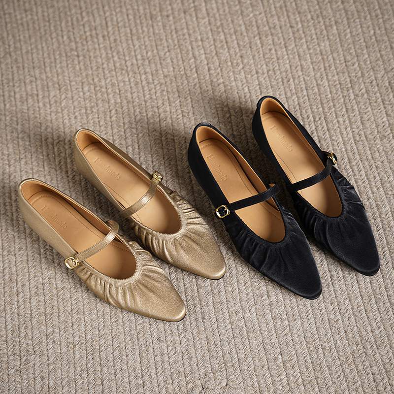 Krazing Pot Sheep Skin Summer Spring Autumn Low Heels Women Square Toe Mary Janes Shallow Pleated Decoration Pumps