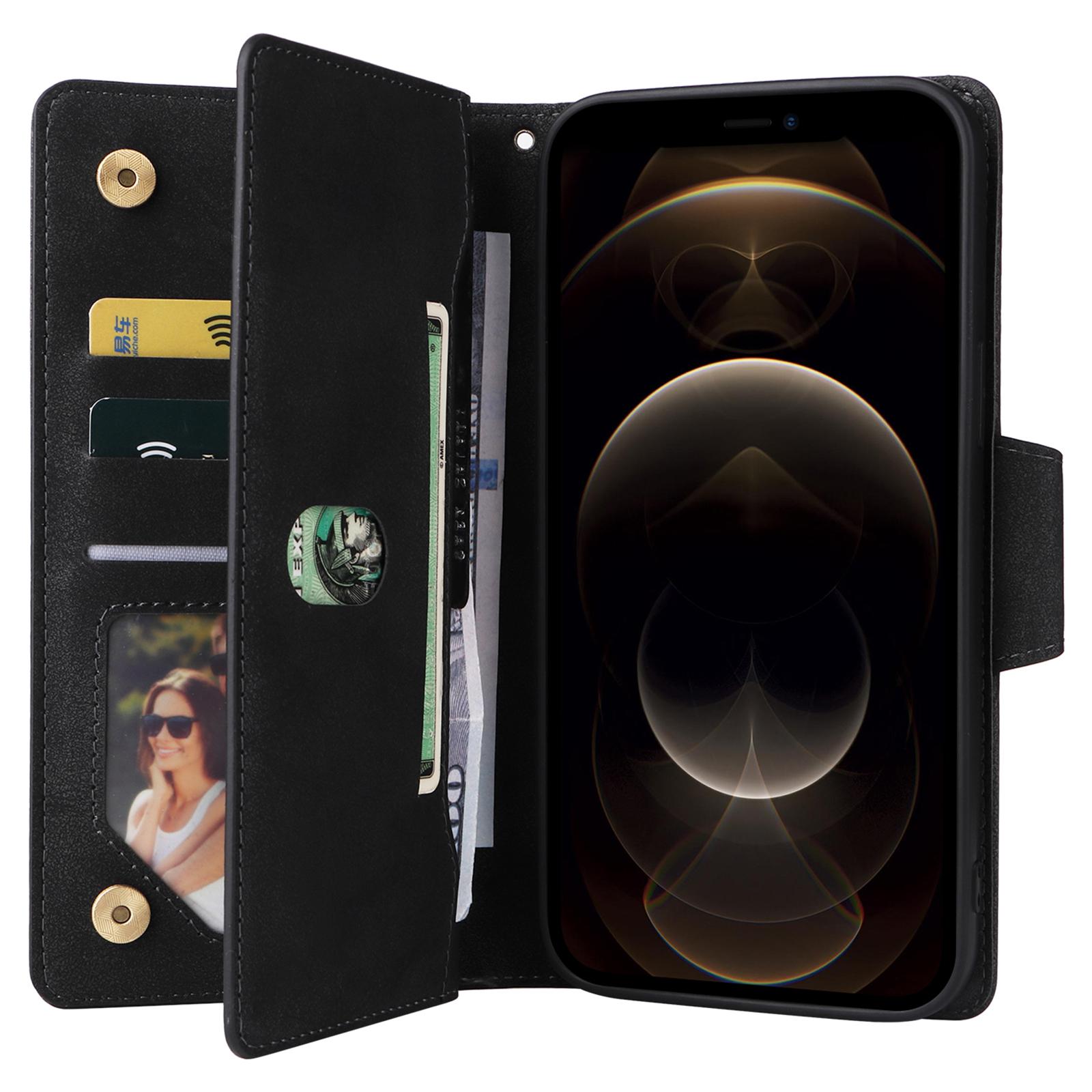 

For iPhone 12 Pro Max Case Rivet Decor PU Leather Wallet Flip Phone Cover Black