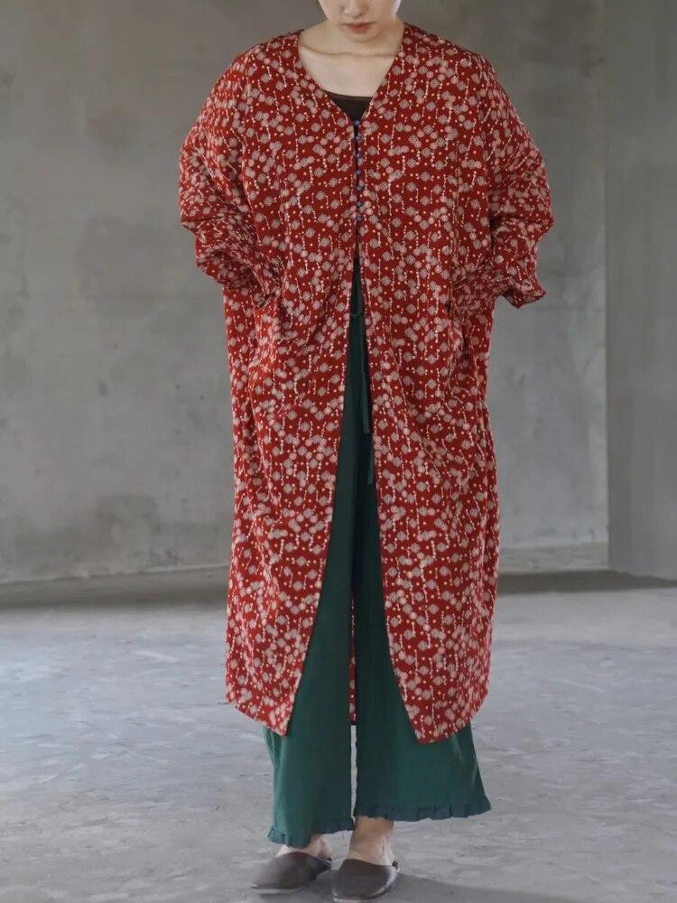 Johnature Kadın Baskı Çiçek Kırmızı Yarasa Kollu Elbise Vintage Pamuk Uzun Elbiseler Sonbahar Düğme Gevşek Kadın Uzun Elbiseler