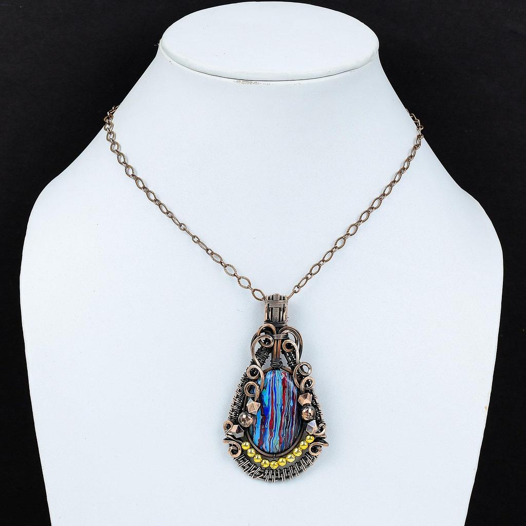 Rainbow Calcilica 999 Copper Wire Wrapped Pendant, Handmade Gemstone Pendant Jewelry, Gifts For Wife Brand New Pendant