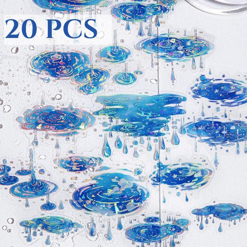 20 Pièces/sac Autocollant PET Laser Goutte de Pluie Ondulation Scrapbook Journal Paysage Décoration DIY Étui de Téléphone Art Journal Décalcomanie Étanche
