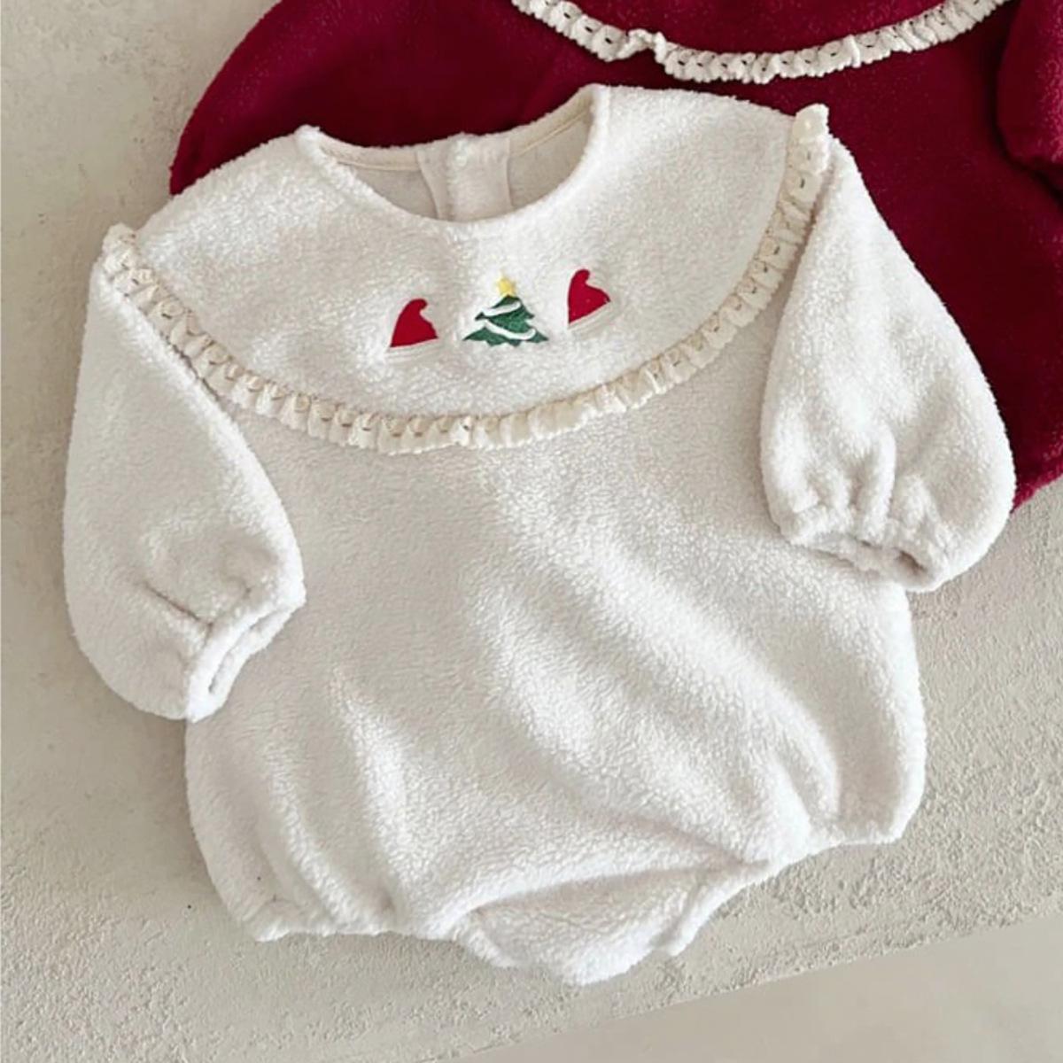 Infant Girls  Winter Romper with Lace Collar and Christmas Embroidery 66 cm грязно-белый