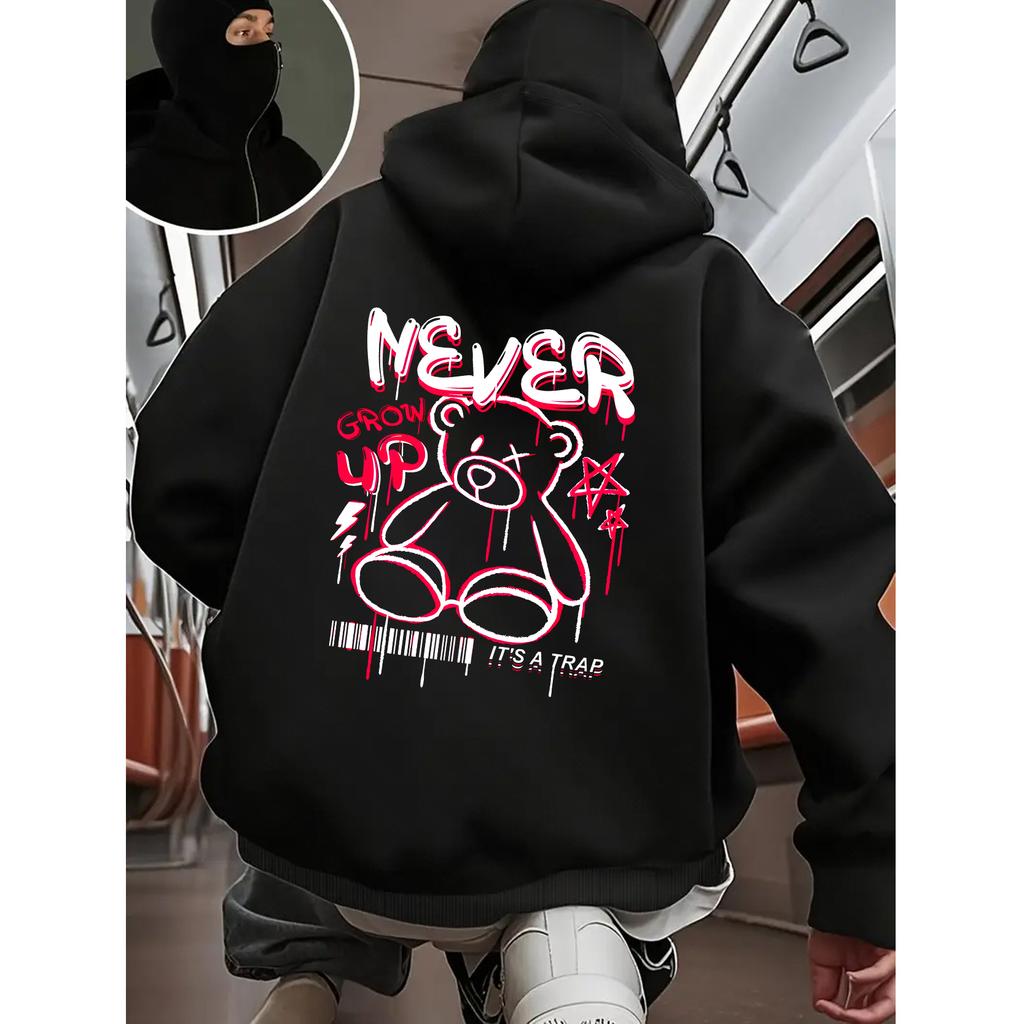 Men's New Fashion Zipper Hoodie, Casual Funny Daily Drawstring Hooded Sweatshirt, Bear Print, Front Kangaroo Pocket, Men's Jack