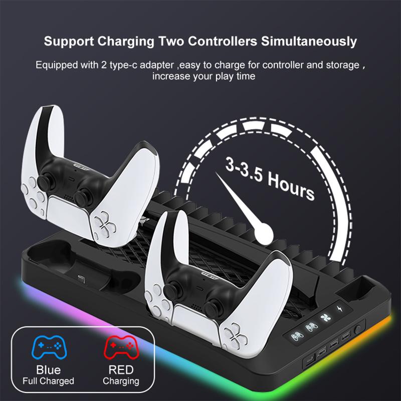 Cooling Stand for PS5/PS5 Slim/PS5 Pro with Headphone Hook and 3-Level Cooling Fan Controller Charging Station Gaming Consoles