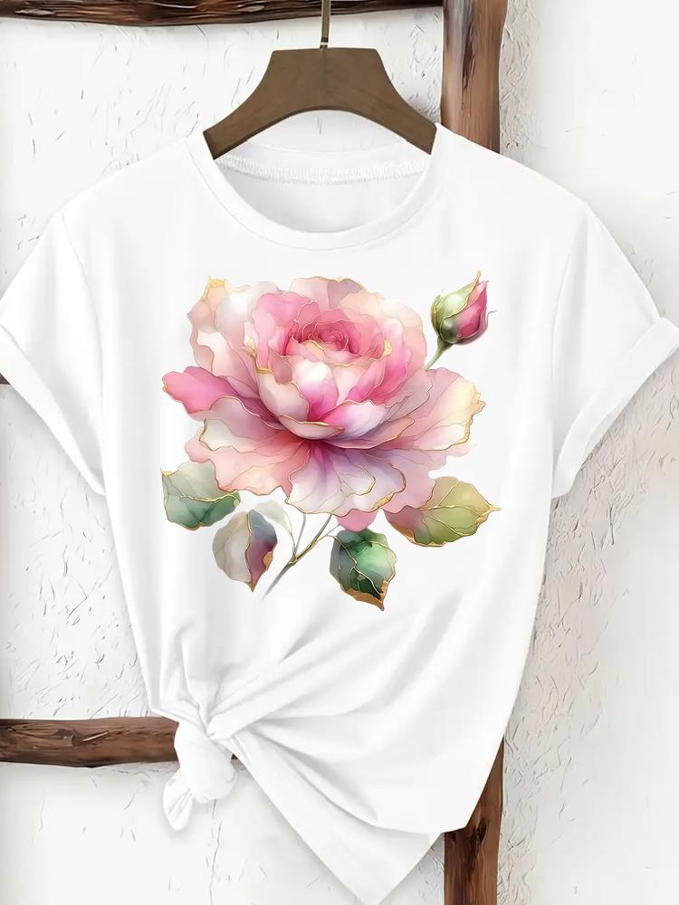 (Asian Size) trend flower cute Woman Women Fashion Tee Top Print Female Clothing Short Sleeve T Shirt Graphic T-shirts