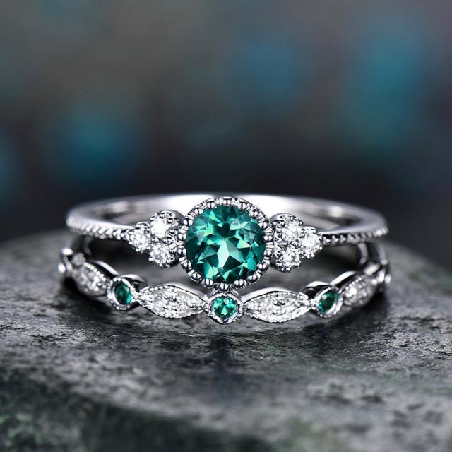 2 piezas /Juego Anillos de Dedo de Cristal de Piedra Verde Azul Lujoso Para Mujeres Color Plata Bandas de Boda Compromiso Joyería Regalos Nuevo