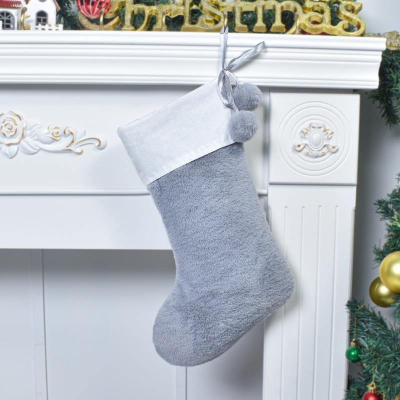 Large Plush Christmas Socks Party Holiday Decoration Storage Gift Bag with Furball Solid Color Christmas Socks