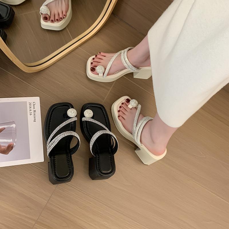 Square Head Rhinestone Thick-heeled Women's Shoes 2025 New Summer Thick-soled Set of Toes One-word Drag Foreign Trade Simple High-heeled Slippers