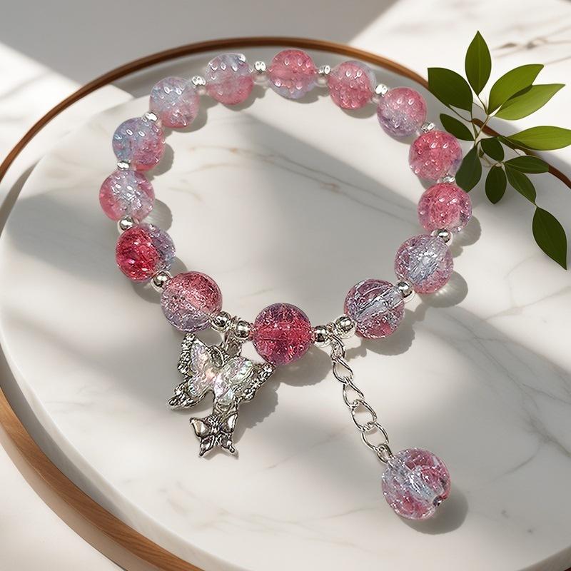 Braccialetto in Vetro Fiore Esplosione Fantasy da 10 mm: Ciondolo Farfalla Colore Degradé Design di Nicchia per Donne e Migliori Amiche.