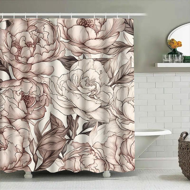 Luxury Floral Print Shower Curtain Set Pink White Peony Bath Decor for Home Decoration Extra Long Waterproof Bathroom Curtains w
