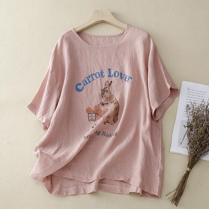 

Женская футболка из хлопка и льна с коротким рукавом, повседневная летняя, свободного кроя, больших размеров, в корейском стиле, топы, винтажная рубашка XL розовый