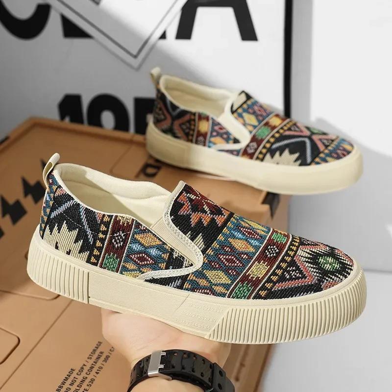 

2025 Spring New Ethnic Trendy Low-Top Vintage Jacquard Korean Fashion Plus Size Flat Shoes Cotton Weave Unisex Casual Sneakers 47 чёрный