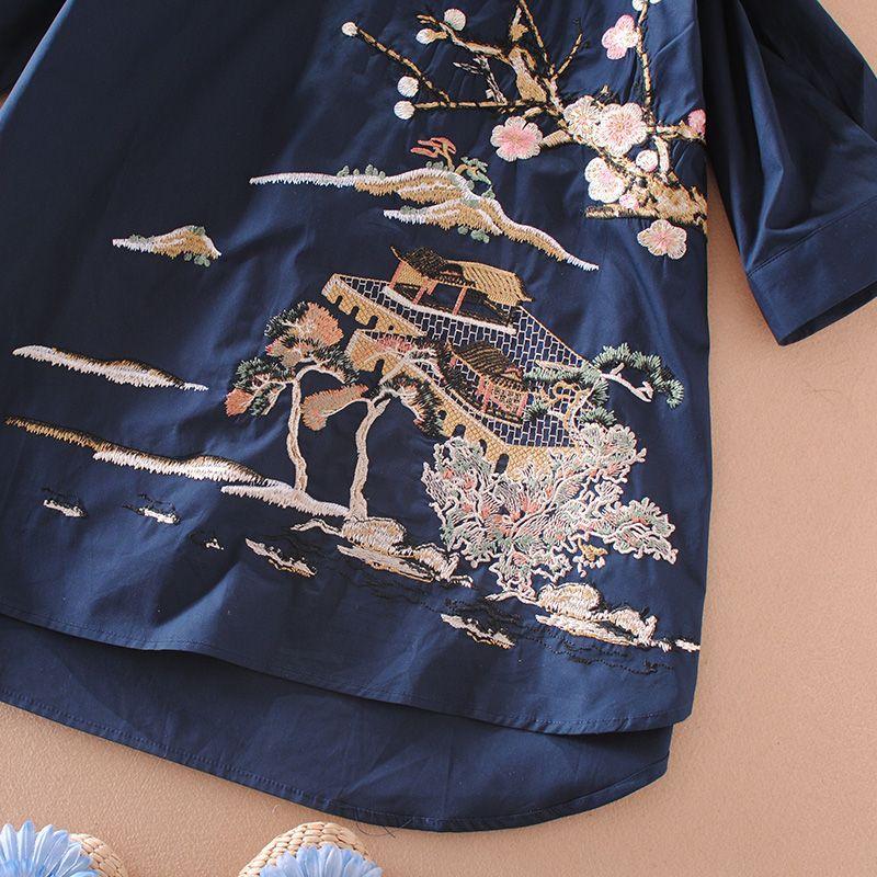 Embroidered Flower Ethnic Style Mid-length Pullover POLO Collar Shirt for Women Spring and Autumn Three-quarter Sleeve Shirt