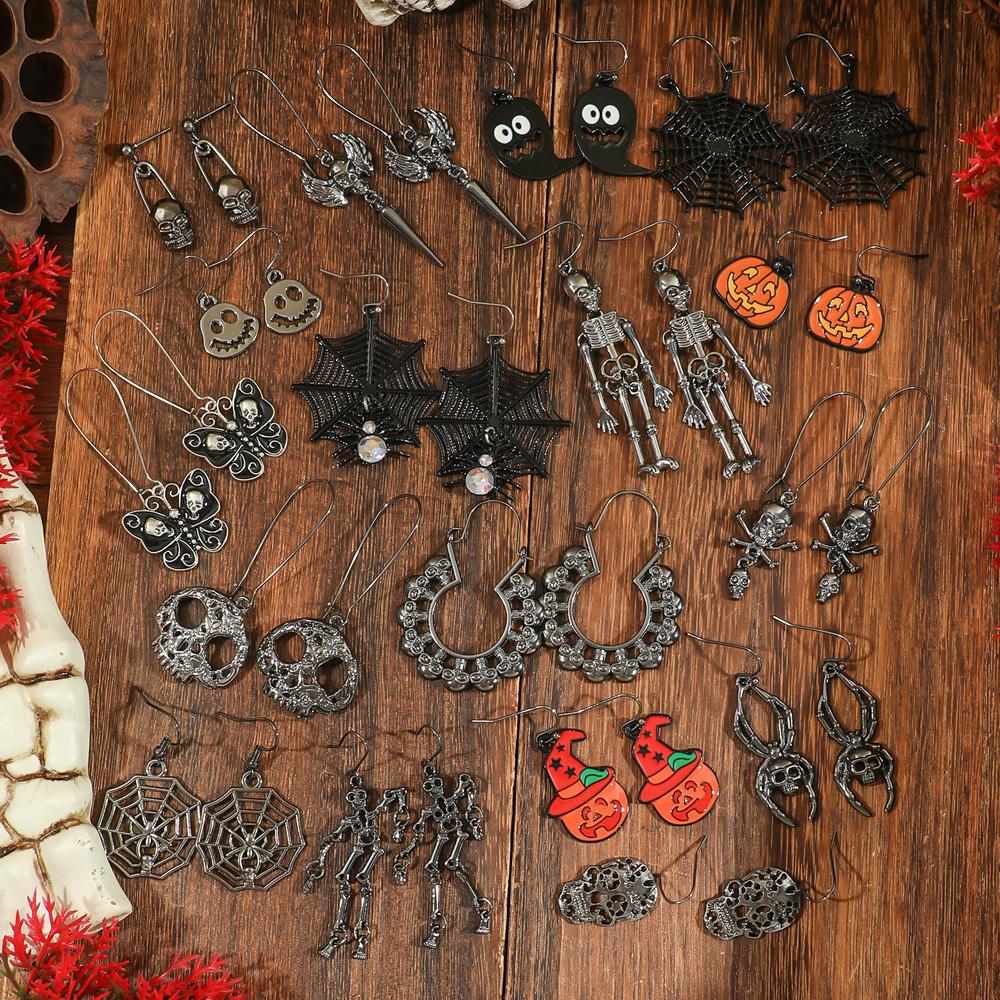 

17 пар серёжек-подвесок цвета оружейного металла на тему Хэллоуина, жуткие серьги с черепами, со скелетами на шарнирах, с тыквами, с привидениями, праздничные подарки