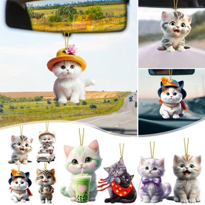 Cute Cat Pendant Acrylic Rearview Mirror Charm Christmas Tree Hanging Decor Cartoon Kitten Ornament