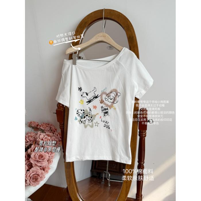 

Slash shoulder short-sleeved t-shirt women s summer fun graffiti casual versatile niche white temperament S белый