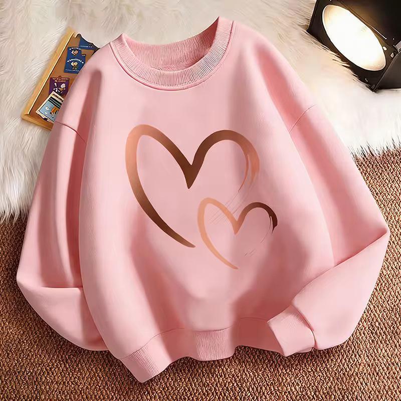 Chic Heart Print Girl's Pullover Sweatshirt - Spring O-neck Hoodie
