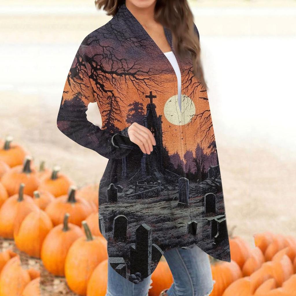 Moda damska Casual Halloweenowy nadruk średniej długości kardiganowy płaszcz
