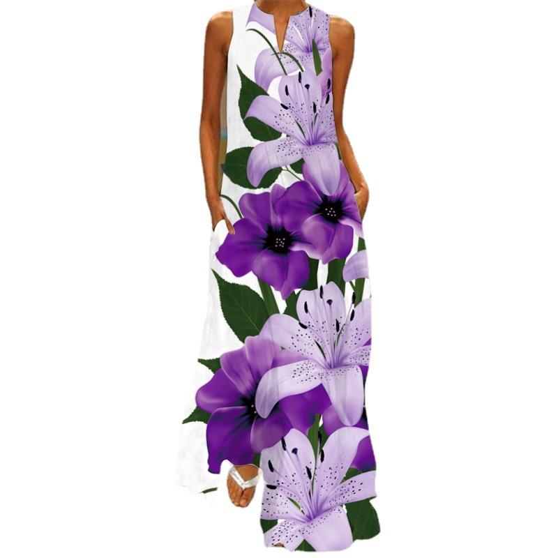 Moda damska Lato Wiosna Kwiatowy nadruk Bez rękawów Dekolt w serek Luźne swobodne sukienki