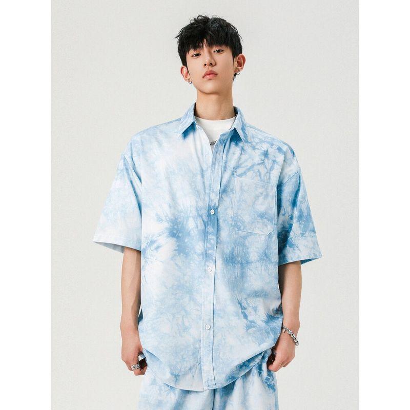 Wassup New Summer Short-Sleeved Shirt, Unisex, Ink Tie-Dye, Loose Design, Niche Hong Kong Style Shirt