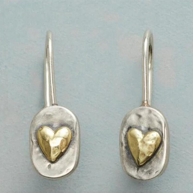 

Huitan Two Tone Design Metal Heart Dangle Earrings for Women Vintage Anti Color Female Love Earrings Daily Wear Party Zircon