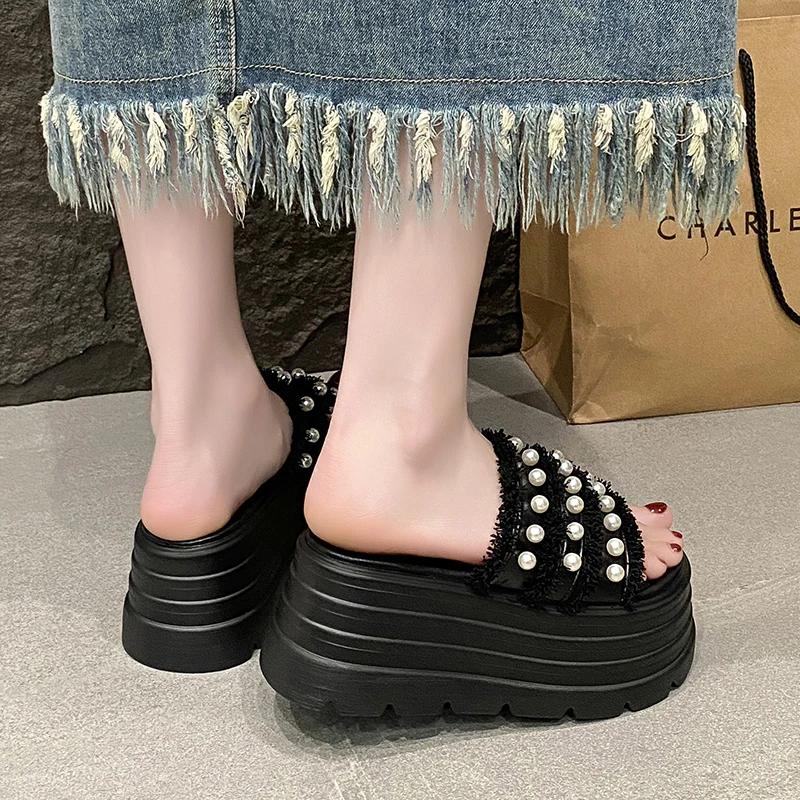 Fashion 8CM Summer High Platform Women Sandals Wedge Heels Slippers Fashion New Beach Outside Chunky Sandals Comfort Casual Slides Woman