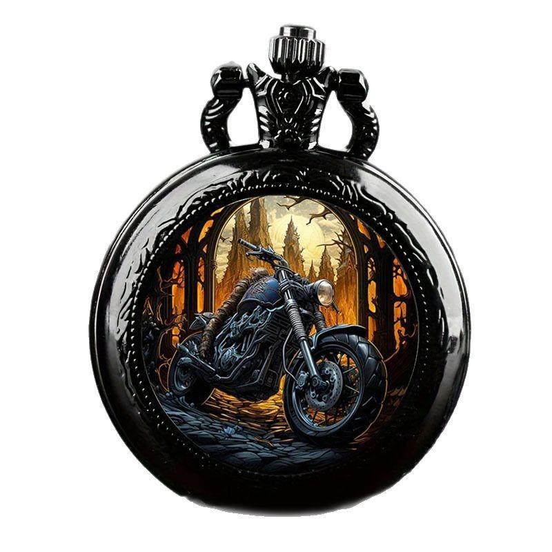 Vintage Black Motorcycle Quartz Pocket Watch Necklace Pendant with World Time Feature