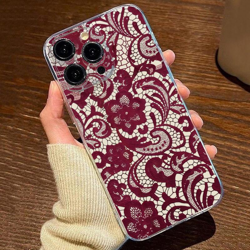Red Lace Pattern Phone Case For iPhone 17 16 15 11 12 14 13 Pro Max Mini X XS XR 7 Plus 17E Shockproof Soft Cover Shell Fundas