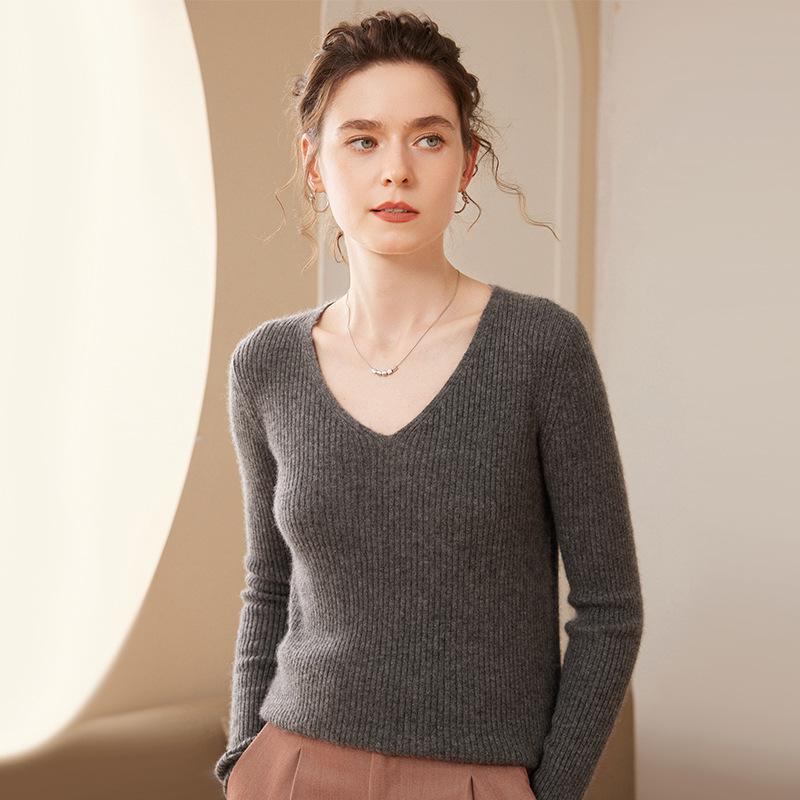 Women's V-Neck Cashmere Striped Slim Fit Long Sleeve Sweater - Warm Autumn/Winter Base Layer