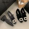 Gray Fuzzy Mary Jane Shoes Square Toe Rhinestone Mid Heel Pumps Plush Warm Chunky Heeled Shoes Elegant Zapatos De Mujer