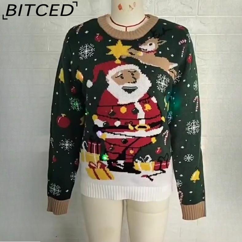 BITCED Plus Size Women's LED Colourful Lights Christmas Sweater Autumn/Winter Santa Claus O-Neck Pullover